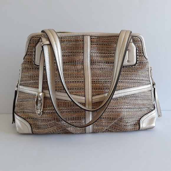 *B. Makowsky Gold Leather Woven Natural Fabric Shoulder Bag - Picture 1 of 8
